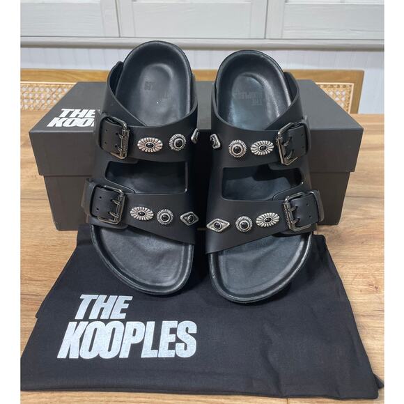 The Kooples Black Leather Buckled Sandals w/ Studs Size 5 US 36 EU NIB Slides - Picture 4 of 13